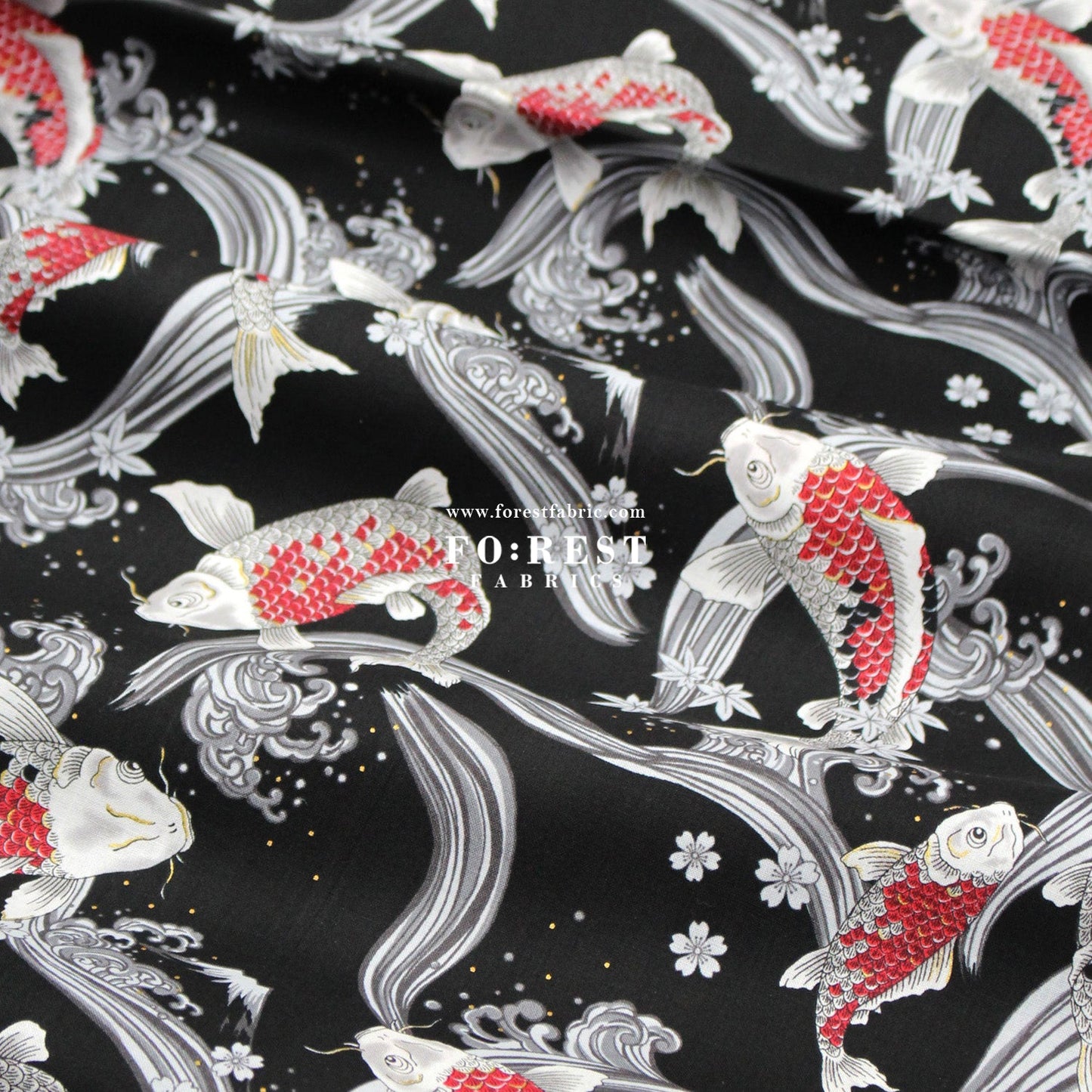 cotton - Koi Fuji mountain with metallic fabric Black - FO:REST Fabric 布恩堂Liberty fabrictana lawnjapanese fabricykk zipper