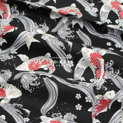 cotton - Koi Fuji mountain with metallic fabric Black - FO:REST Fabric 布恩堂Liberty fabrictana lawnjapanese fabricykk zipper