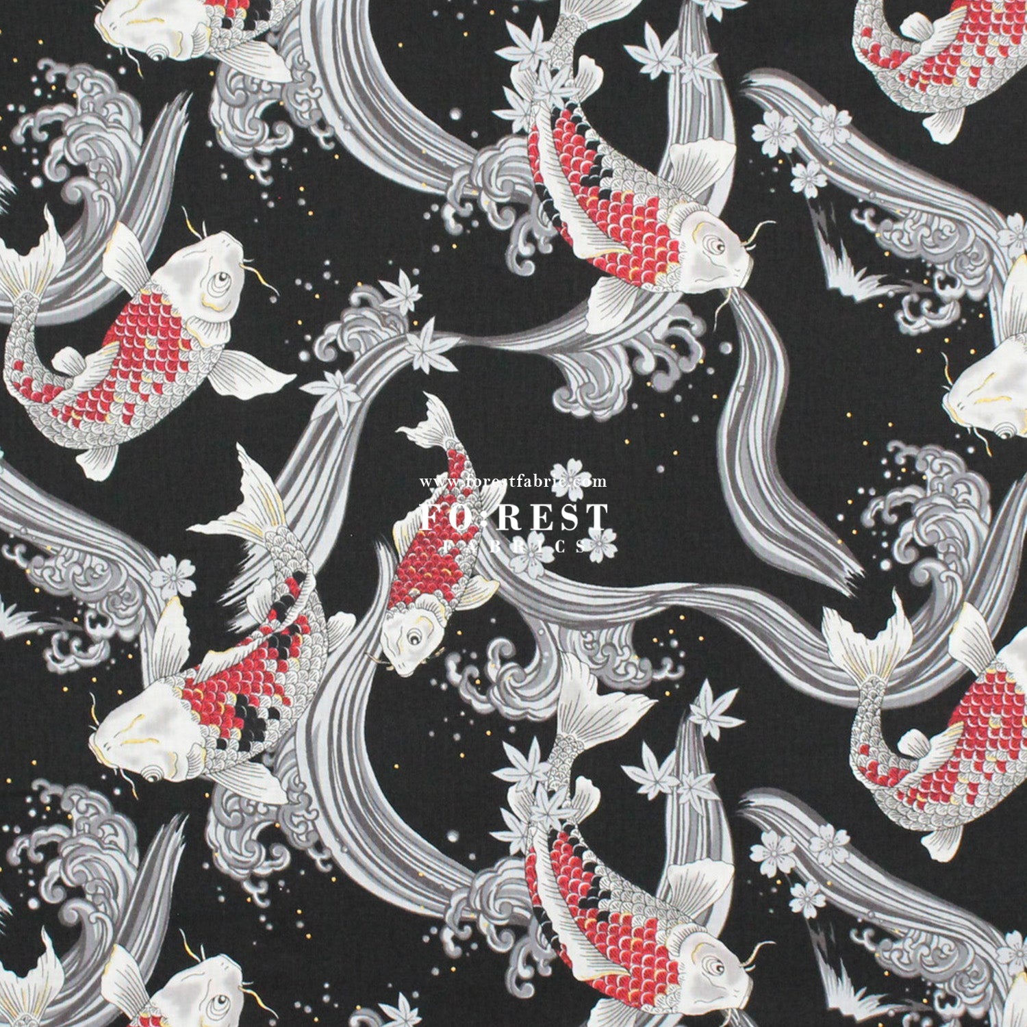 cotton - Koi Fuji mountain with metallic fabric Black - FO:REST Fabric 布恩堂Liberty fabrictana lawnjapanese fabricykk zipper