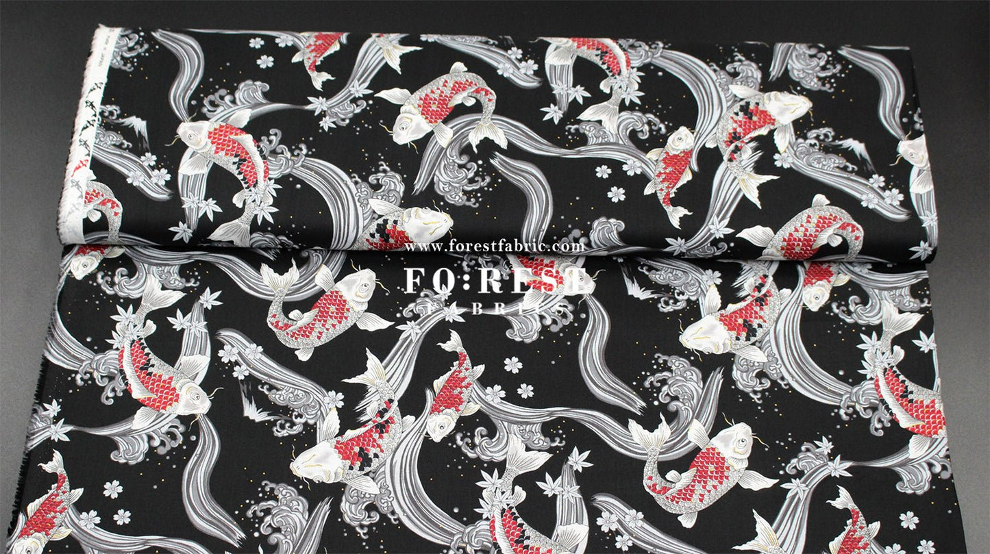 cotton - Koi Fuji mountain with metallic fabric Black - FO:REST Fabric 布恩堂Liberty fabrictana lawnjapanese fabricykk zipper