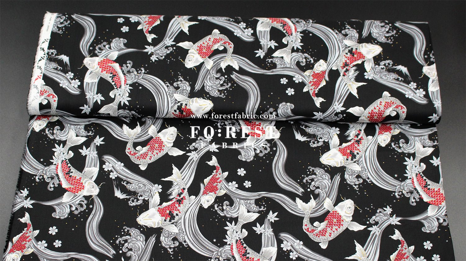 cotton - Koi Fuji mountain with metallic fabric Black - FO:REST Fabric 布恩堂Liberty fabrictana lawnjapanese fabricykk zipper