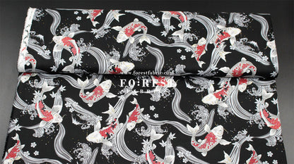 cotton - Koi Fuji mountain with metallic fabric Black - FO:REST Fabric 布恩堂Liberty fabrictana lawnjapanese fabricykk zipper