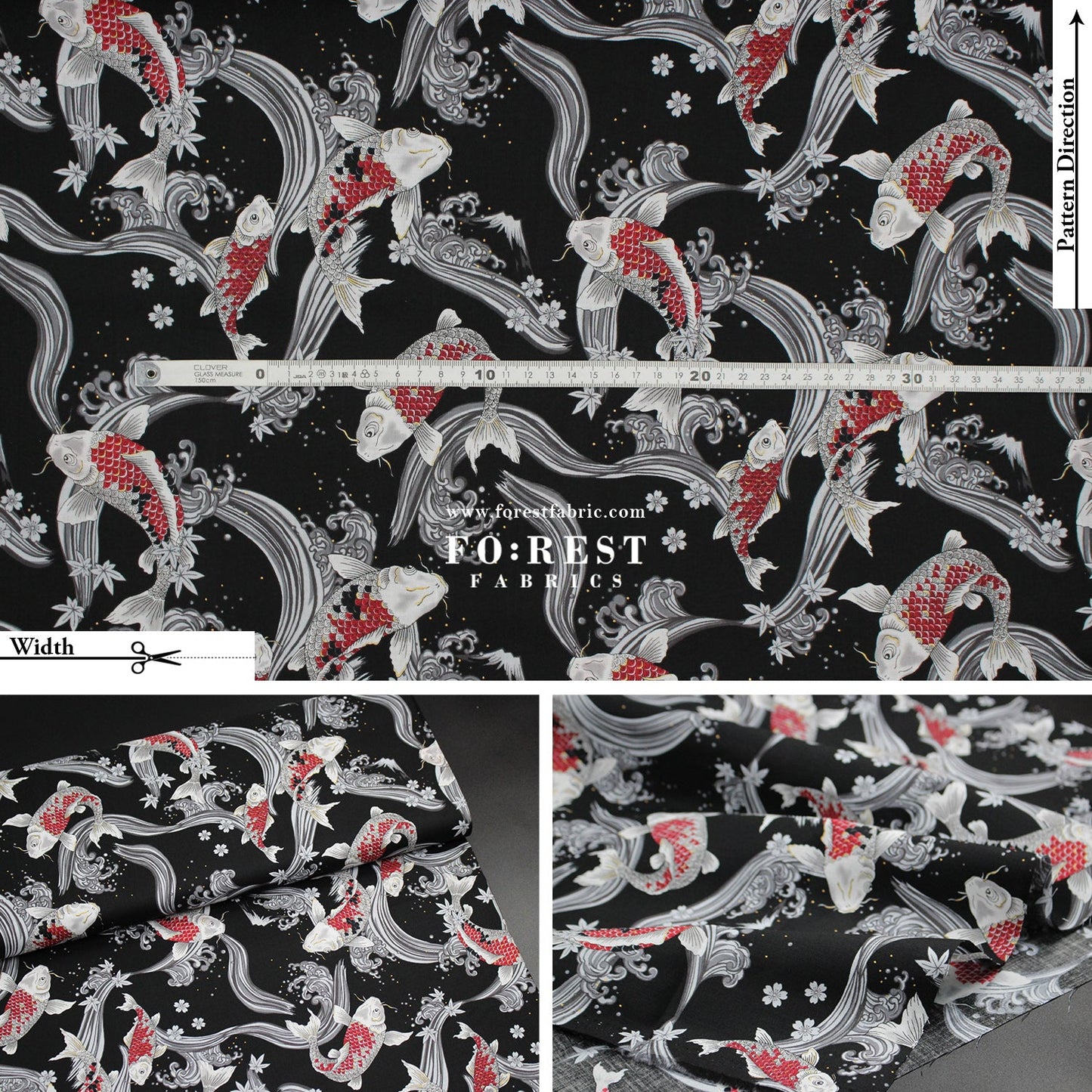 cotton - Koi Fuji mountain with metallic fabric Black - FO:REST Fabric 布恩堂Liberty fabrictana lawnjapanese fabricykk zipper