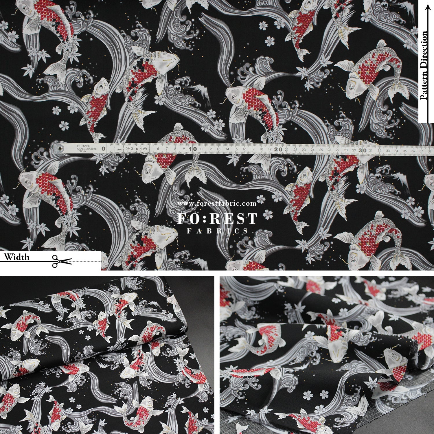 cotton - Koi Fuji mountain with metallic fabric Black - FO:REST Fabric 布恩堂Liberty fabrictana lawnjapanese fabricykk zipper