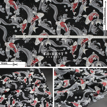cotton - Koi Fuji mountain with metallic fabric Black - FO:REST Fabric 布恩堂Liberty fabrictana lawnjapanese fabricykk zipper