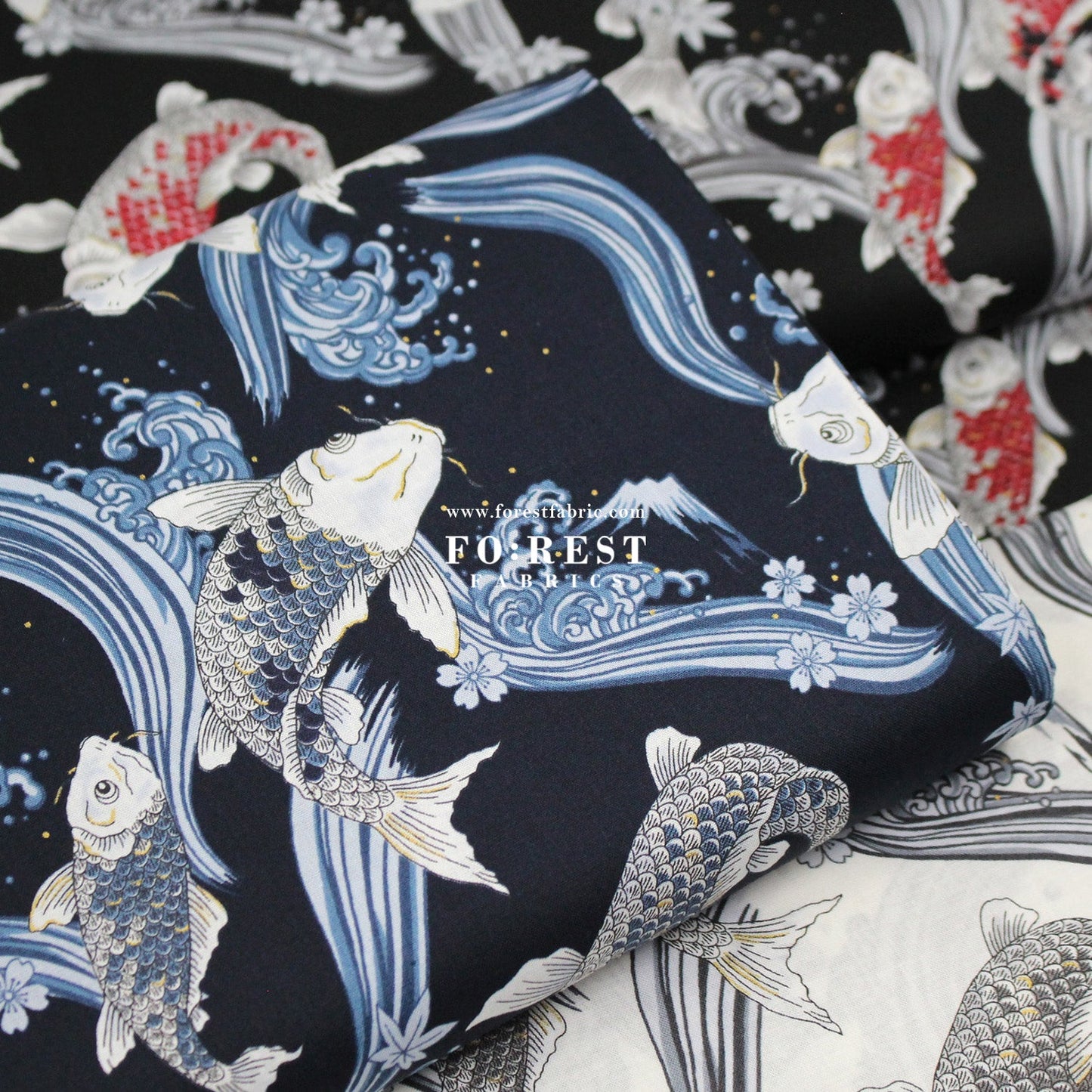 cotton - Koi Fuji mountain with metallic fabric Navy - FO:REST Fabric 布恩堂Liberty fabrictana lawnjapanese fabricykk zipper
