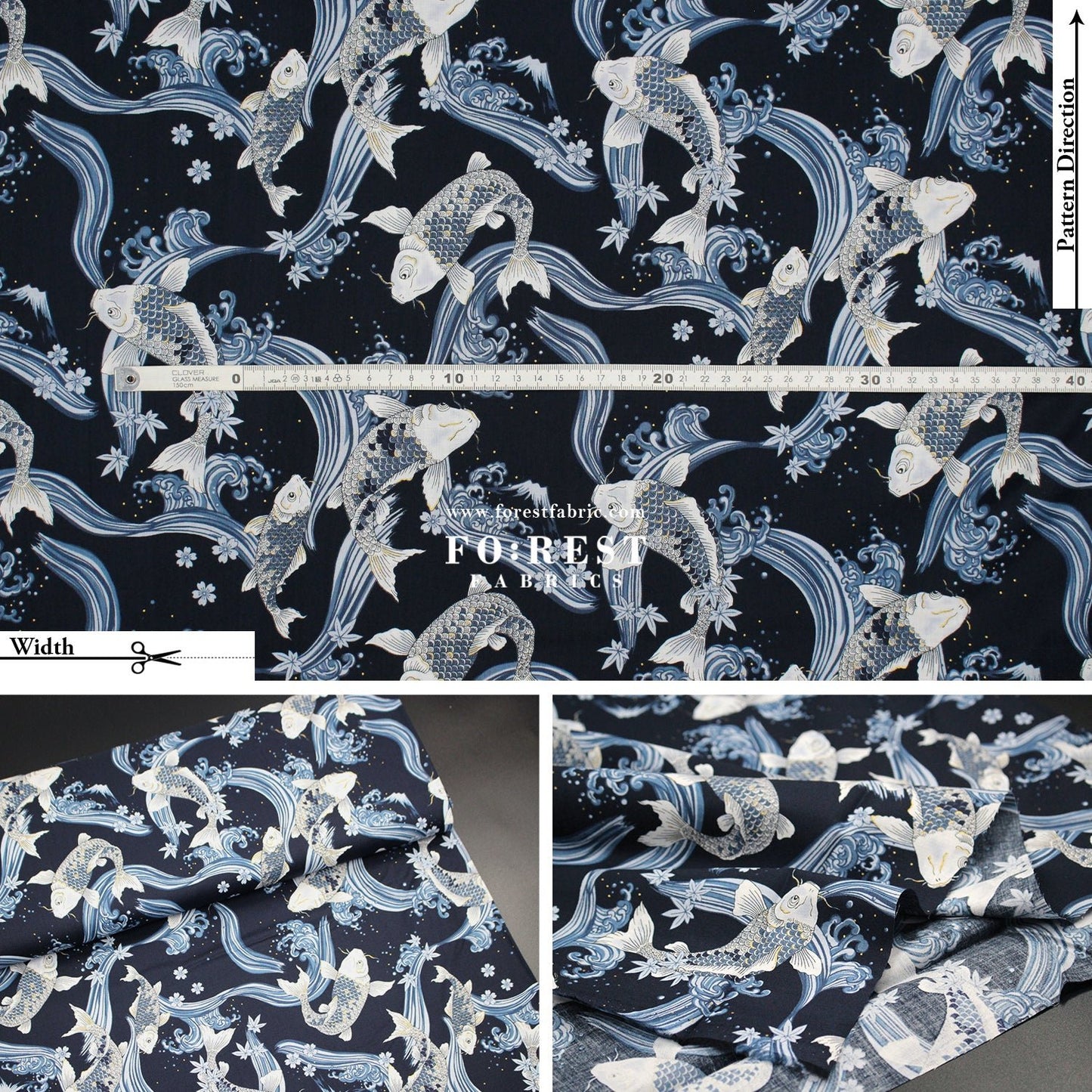 cotton - Koi Fuji mountain with metallic fabric Navy - FO:REST Fabric 布恩堂Liberty fabrictana lawnjapanese fabricykk zipper