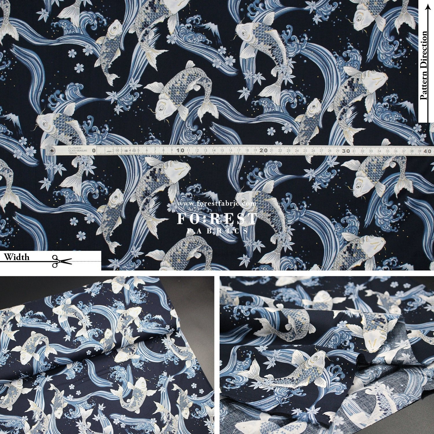 cotton - Koi Fuji mountain with metallic fabric Navy - FO:REST Fabric 布恩堂Liberty fabrictana lawnjapanese fabricykk zipper