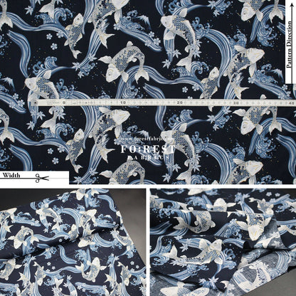 cotton - Koi Fuji mountain with metallic fabric Navy - FO:REST Fabric 布恩堂Liberty fabrictana lawnjapanese fabricykk zipper