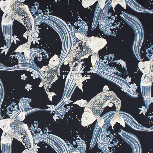 cotton - Koi Fuji mountain with metallic fabric Navy - FO:REST Fabric 布恩堂Liberty fabrictana lawnjapanese fabricykk zipper