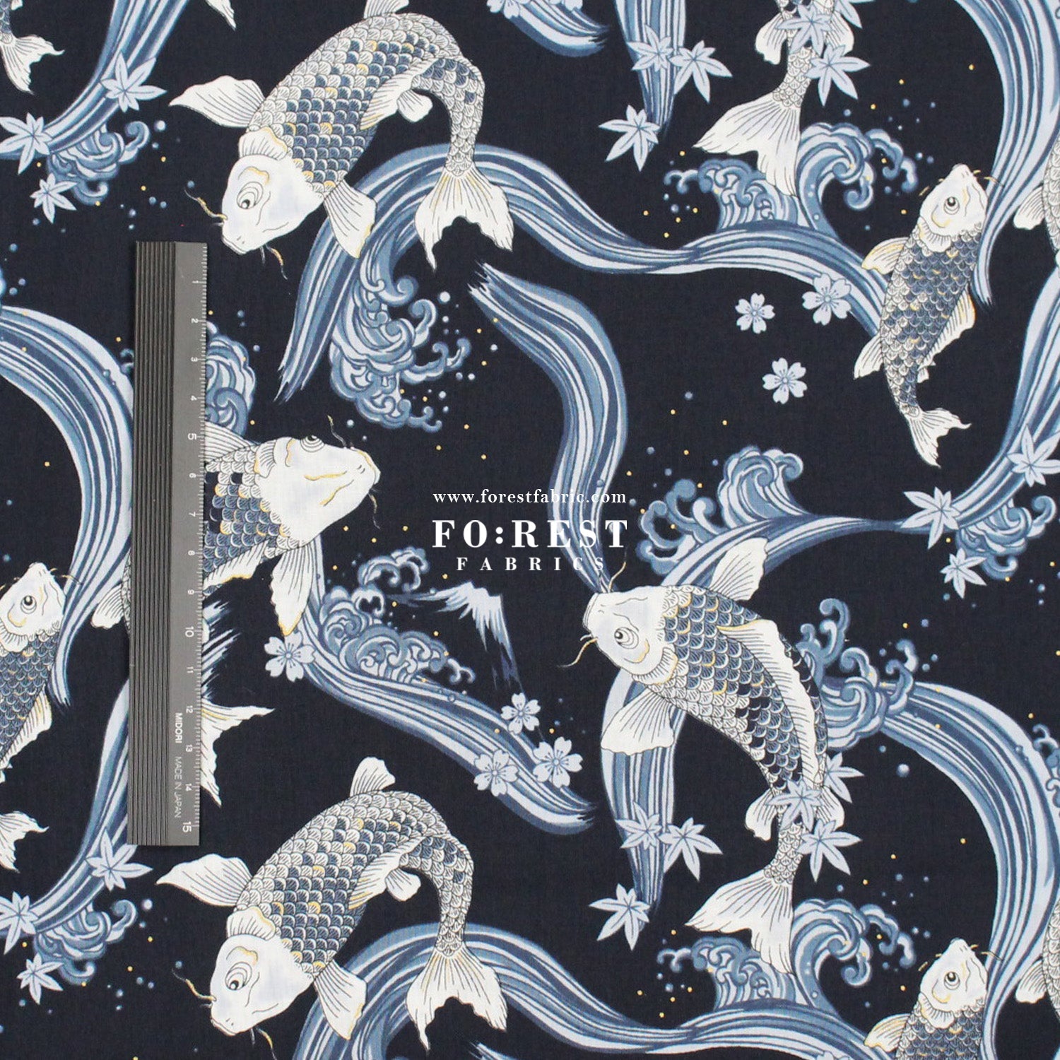 cotton - Koi Fuji mountain with metallic fabric Navy - FO:REST Fabric 布恩堂Liberty fabrictana lawnjapanese fabricykk zipper