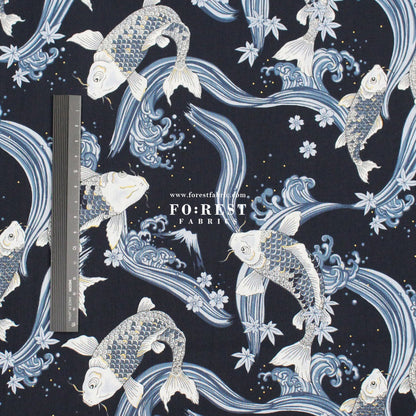 cotton - Koi Fuji mountain with metallic fabric Navy - FO:REST Fabric 布恩堂Liberty fabrictana lawnjapanese fabricykk zipper