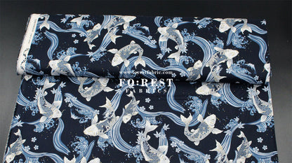 cotton - Koi Fuji mountain with metallic fabric Navy - FO:REST Fabric 布恩堂Liberty fabrictana lawnjapanese fabricykk zipper
