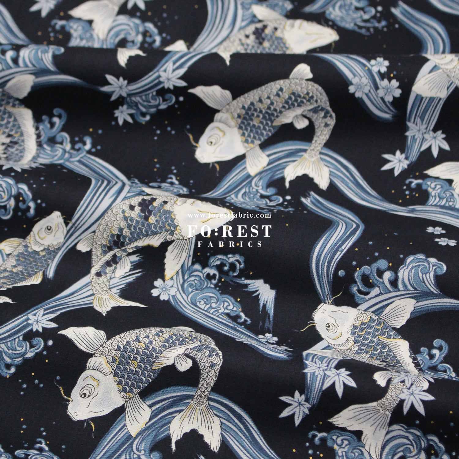 cotton - Koi Fuji mountain with metallic fabric Navy - FO:REST Fabric 布恩堂Liberty fabrictana lawnjapanese fabricykk zipper