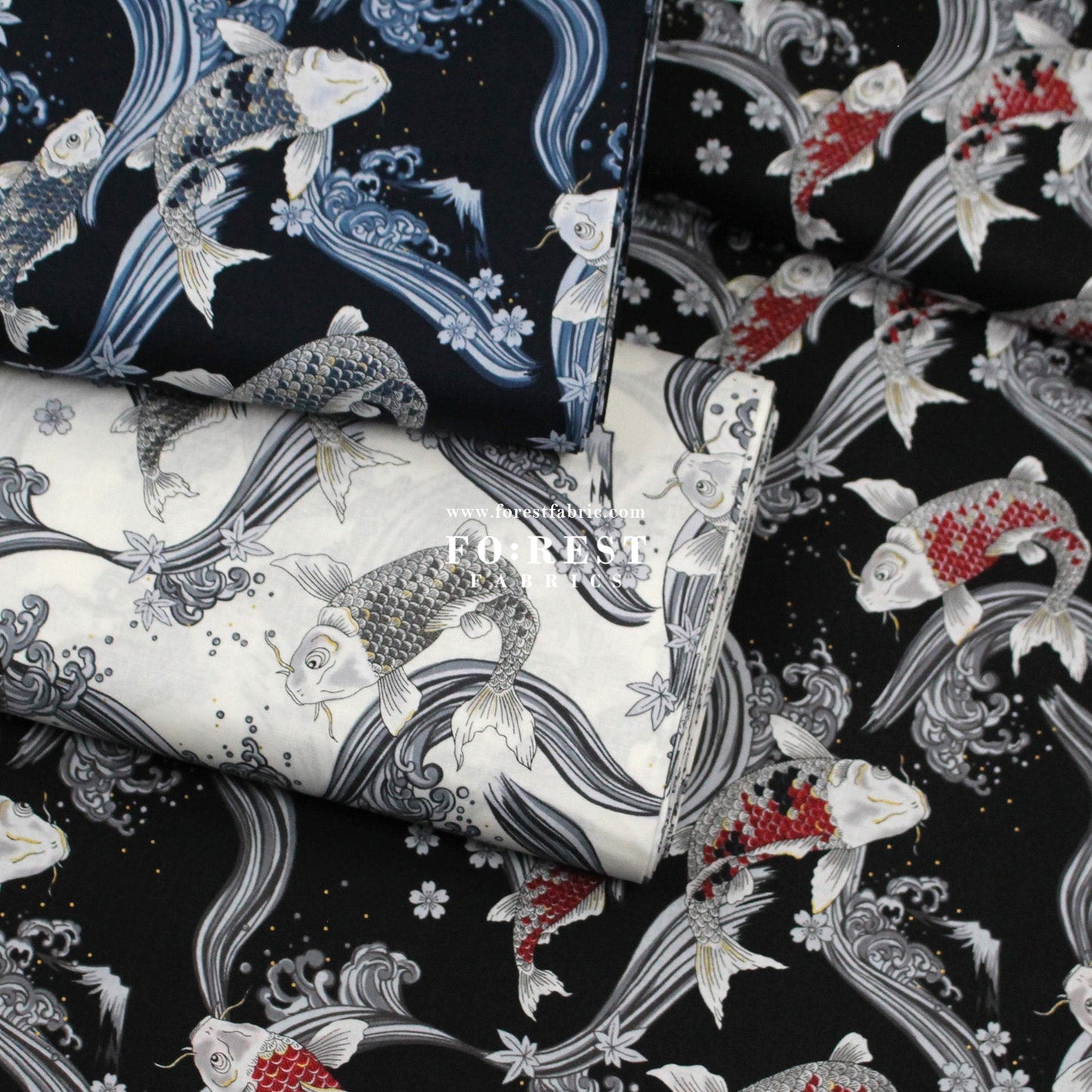 cotton - Koi Fuji mountain with metallic fabric White - FO:REST Fabric 布恩堂Liberty fabrictana lawnjapanese fabricykk zipper