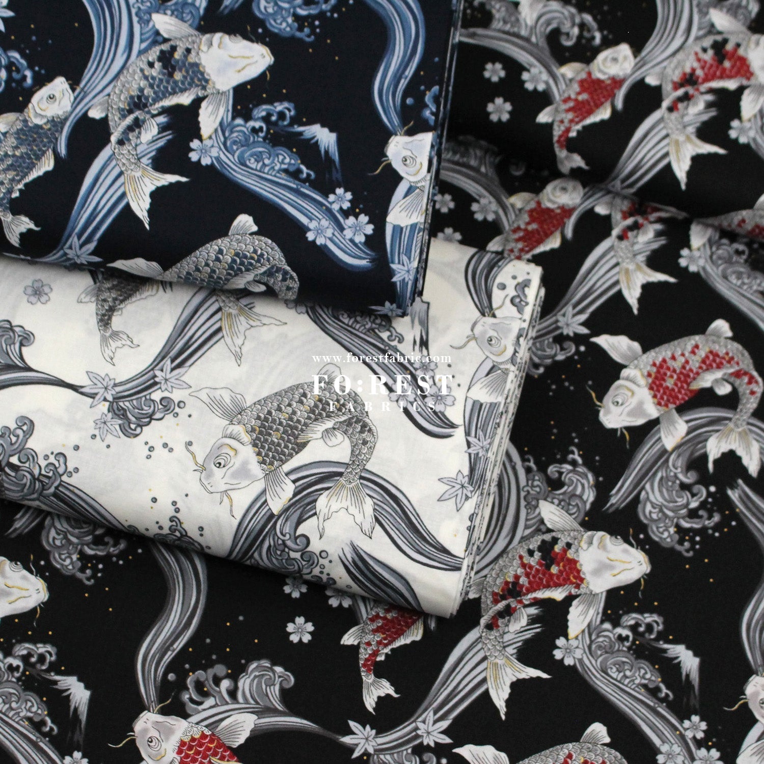 cotton - Koi Fuji mountain with metallic fabric White - FO:REST Fabric 布恩堂Liberty fabrictana lawnjapanese fabricykk zipper