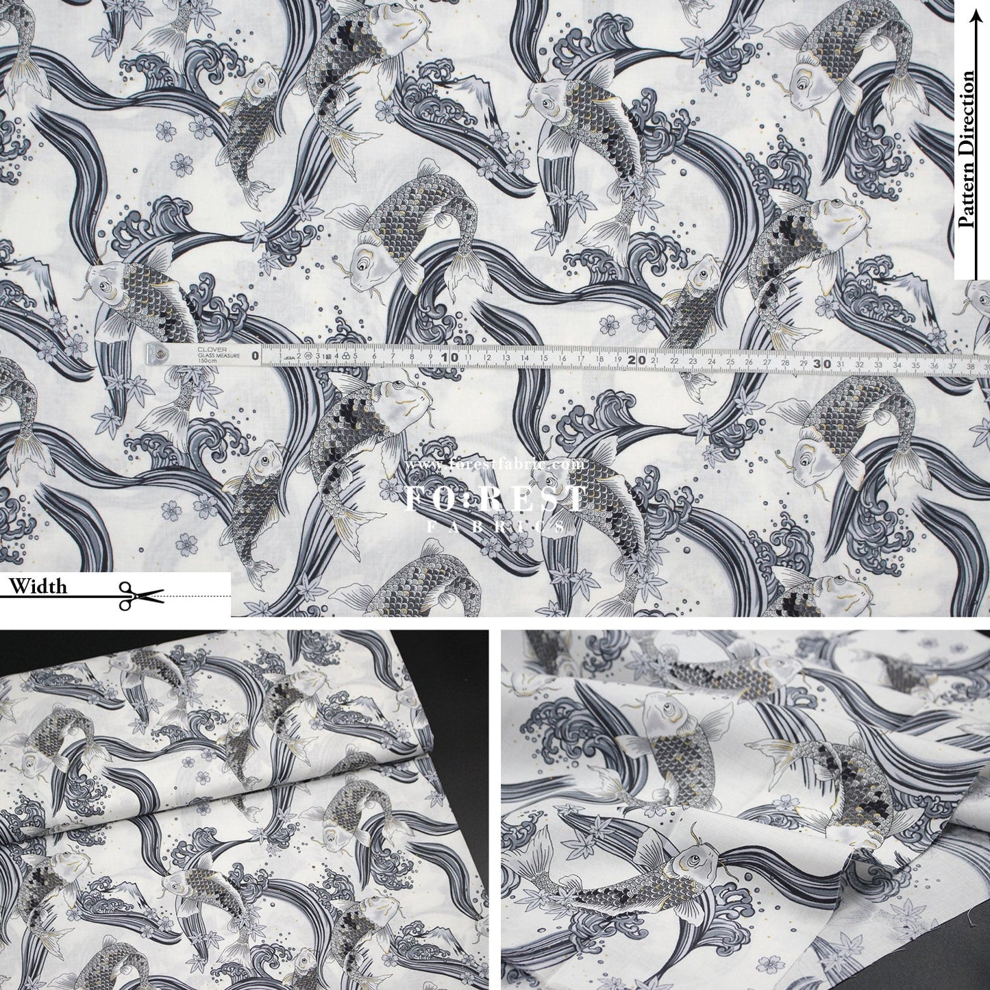 cotton - Koi Fuji mountain with metallic fabric White - FO:REST Fabric 布恩堂Liberty fabrictana lawnjapanese fabricykk zipper