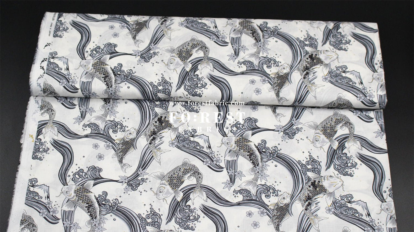 cotton - Koi Fuji mountain with metallic fabric White - FO:REST Fabric 布恩堂Liberty fabrictana lawnjapanese fabricykk zipper