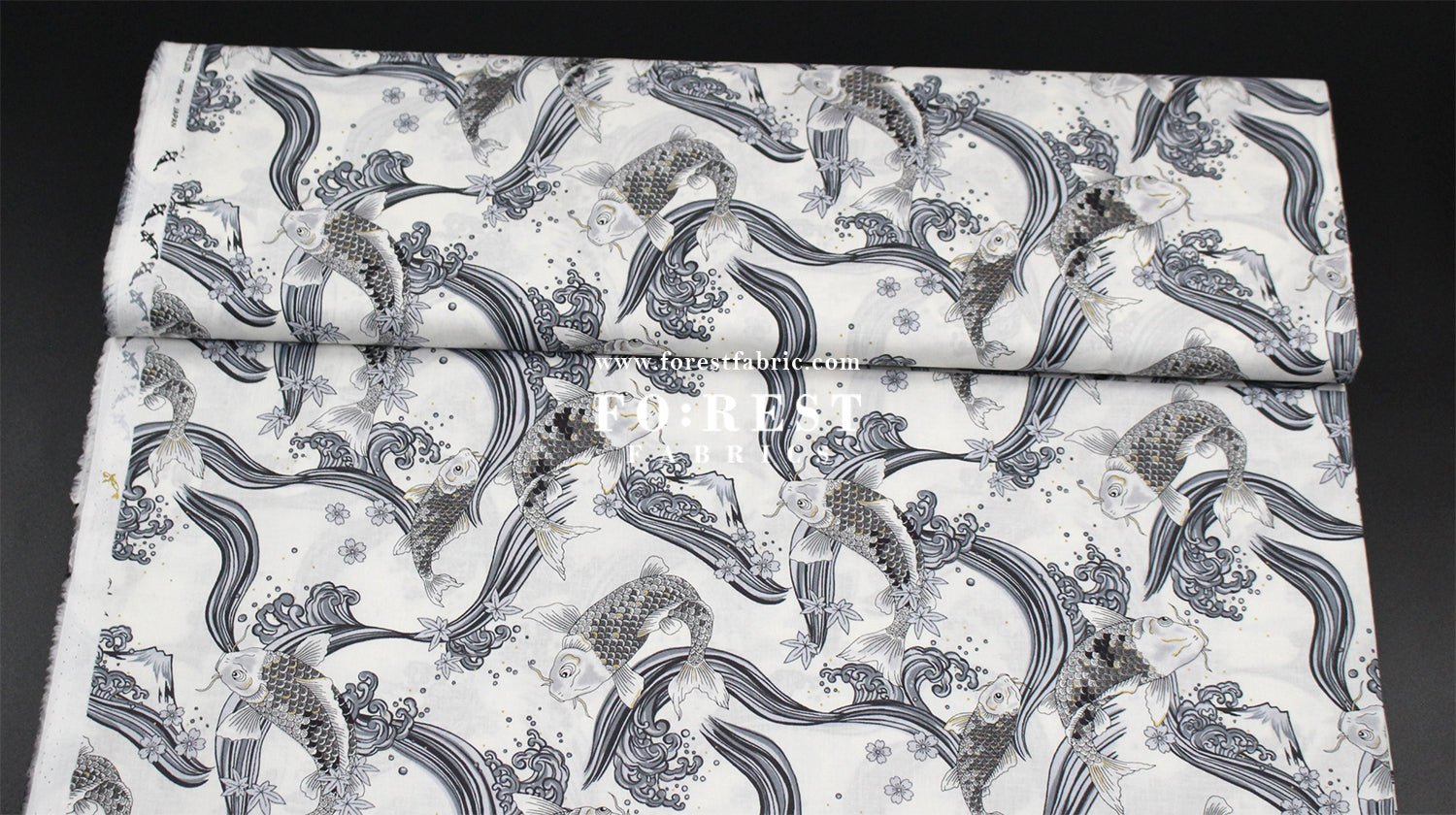 cotton - Koi Fuji mountain with metallic fabric White - FO:REST Fabric 布恩堂Liberty fabrictana lawnjapanese fabricykk zipper