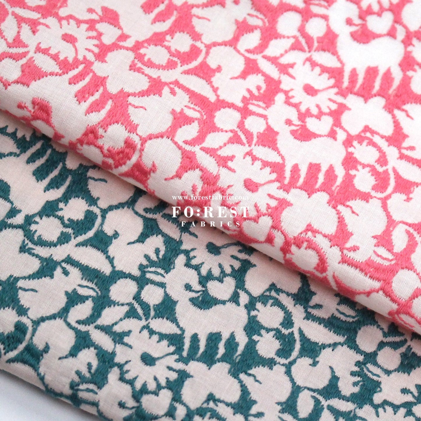 Cotton Lawn Embroidery - Powder Flake Pink x Green - FO:REST Fabric 布恩堂Liberty fabrictana lawnjapanese fabricykk zipper