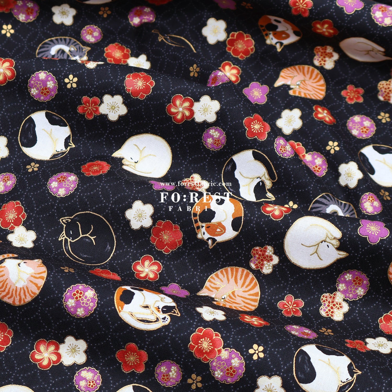 cotton - Lazy Cats with metallic fabric - FO:REST Fabric 布恩堂Liberty fabrictana lawnjapanese fabricykk zipper