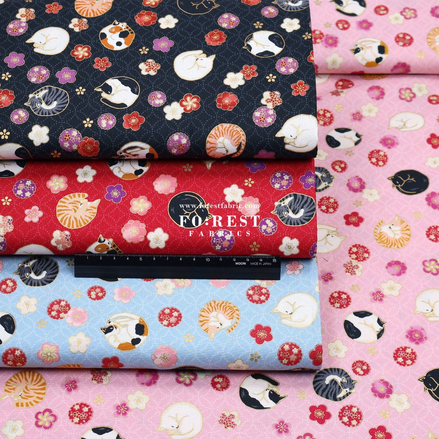 cotton - Lazy Cats with metallic fabric - FO:REST Fabric 布恩堂Liberty fabrictana lawnjapanese fabricykk zipper