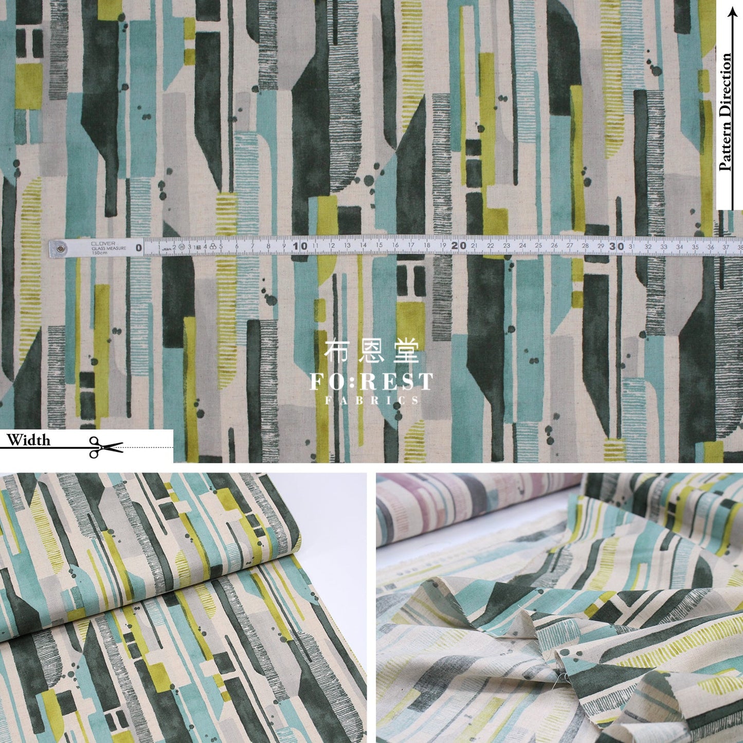 Cotton Linen - Modern Art Watercolor Geometric Fabric Green