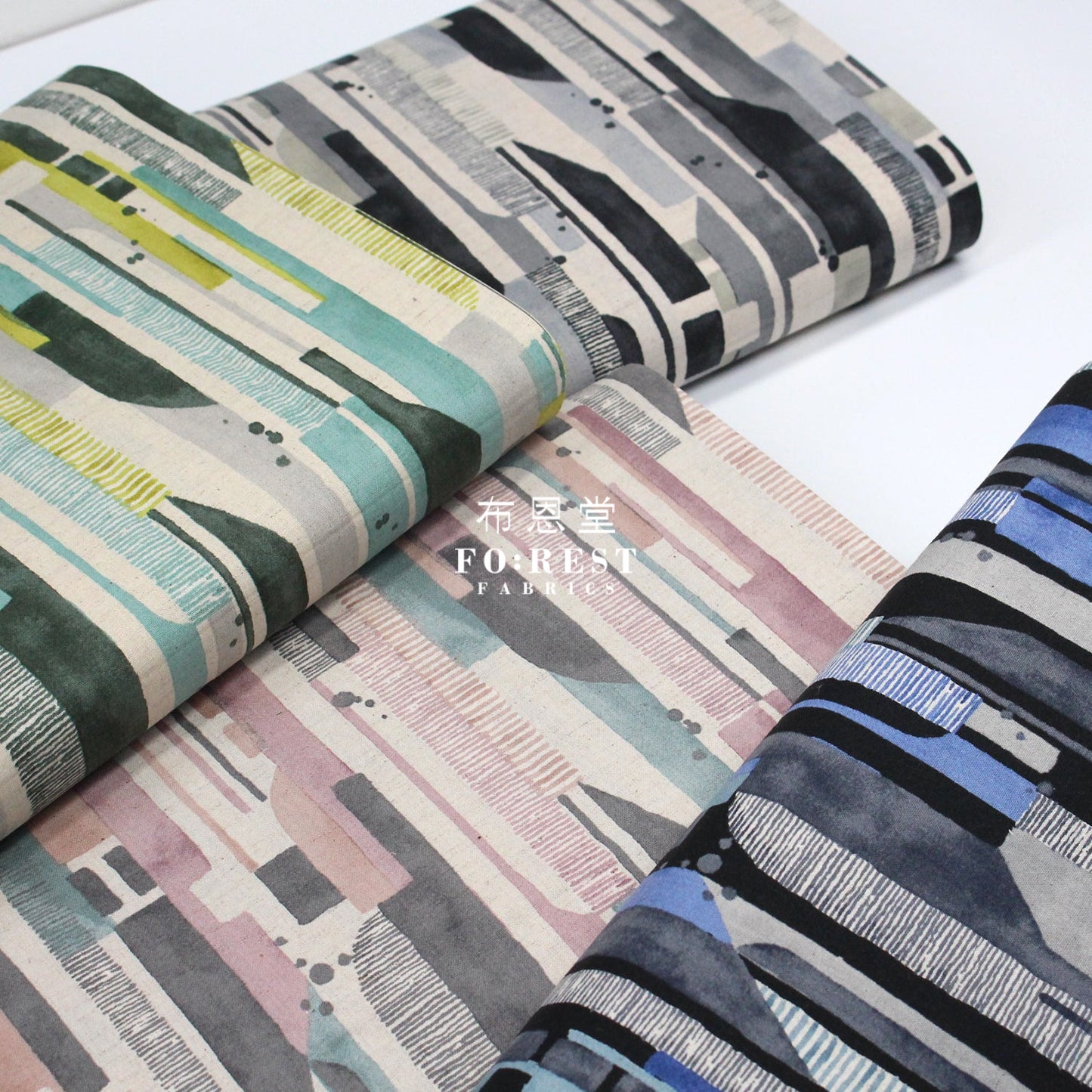 Cotton Linen - Modern Art Watercolor Geometric Fabric Navy