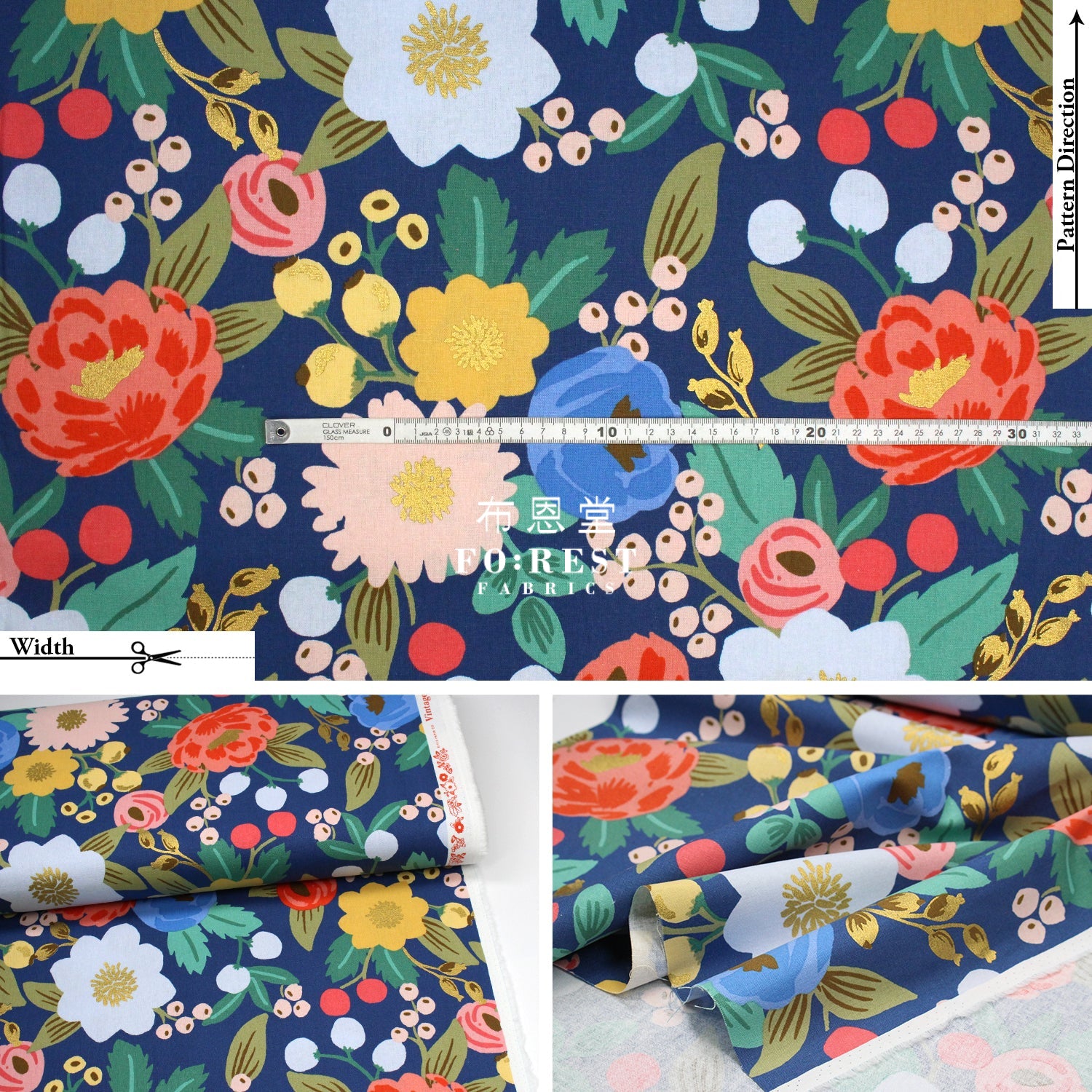 Cotton Linen - Vintage Blossom Navy Metallic Fabric Canvas