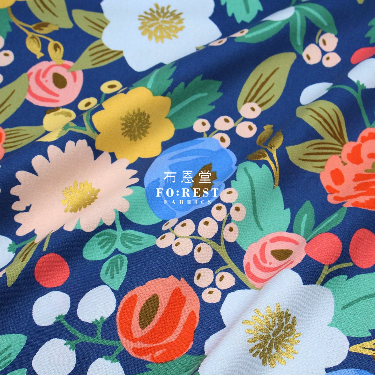 Cotton Linen - Vintage Blossom Navy Metallic Fabric Canvas