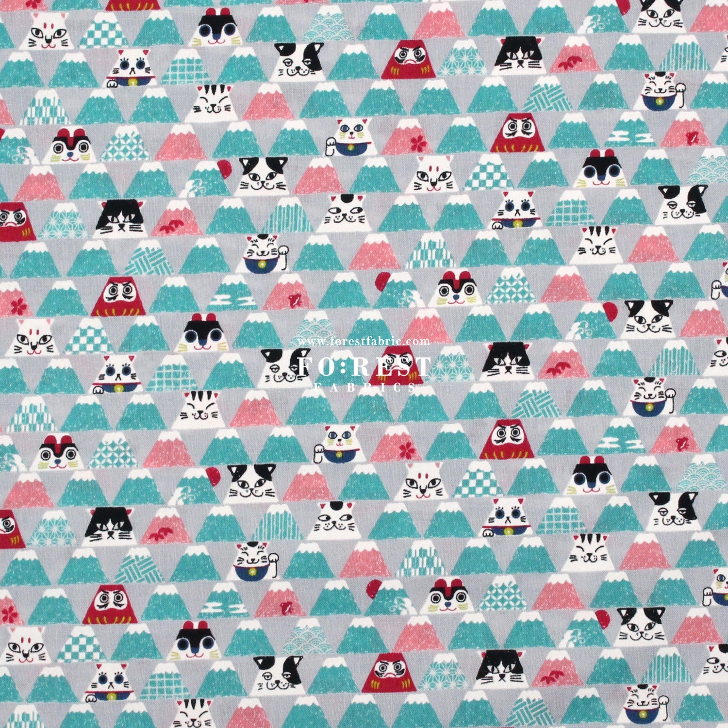 cotton - Lucky cat Mount FUJI fabric Gray - FO:REST Fabric 布恩堂Liberty fabrictana lawnjapanese fabricykk zipper