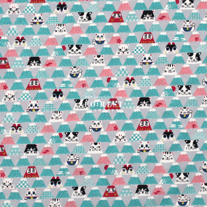 cotton - Lucky cat Mount FUJI fabric Gray - FO:REST Fabric 布恩堂Liberty fabrictana lawnjapanese fabricykk zipper