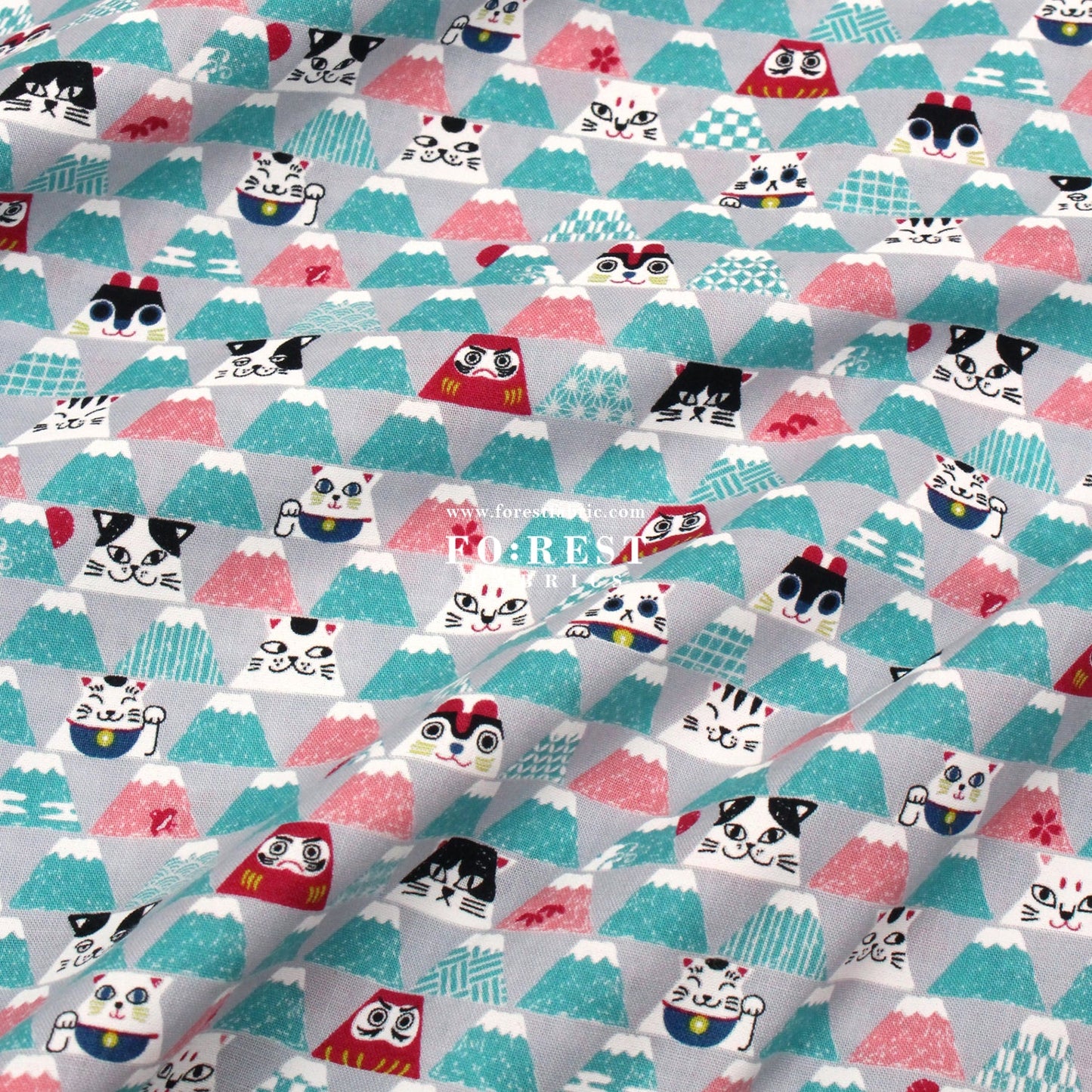 cotton - Lucky cat Mount FUJI fabric Gray - FO:REST Fabric 布恩堂Liberty fabrictana lawnjapanese fabricykk zipper