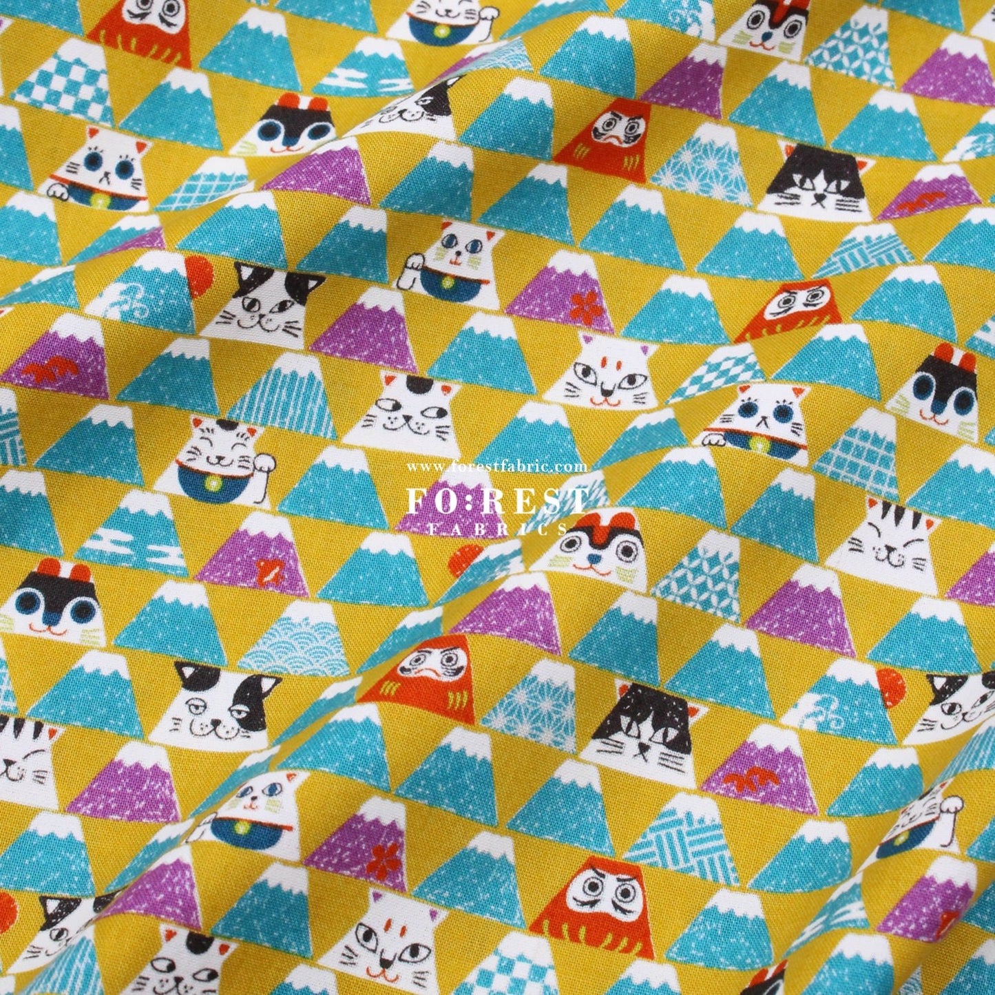 cotton - Lucky cat Mount FUJI fabric Mustard - FO:REST Fabric 布恩堂Liberty fabrictana lawnjapanese fabricykk zipper