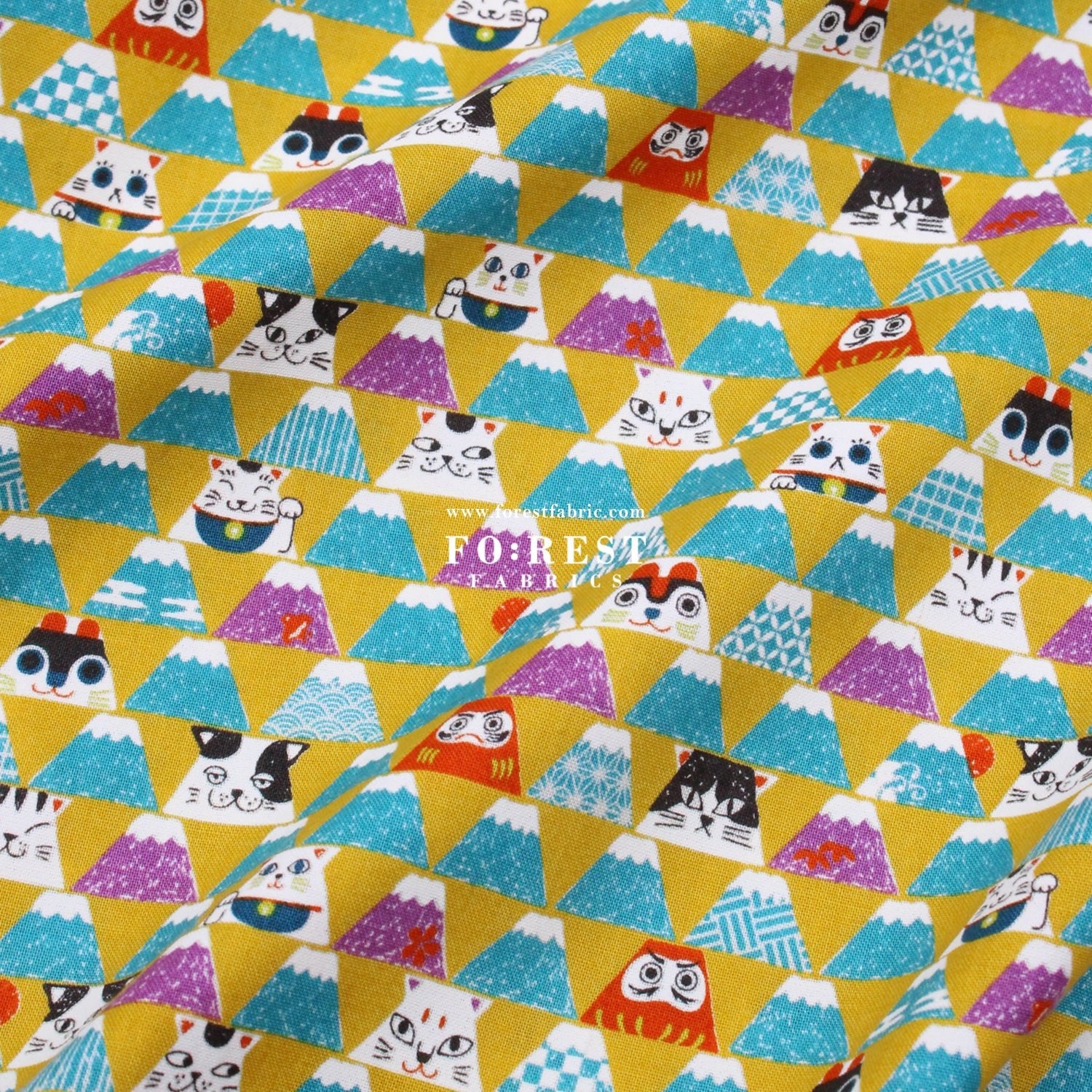 cotton - Lucky cat Mount FUJI fabric Mustard - FO:REST Fabric 布恩堂Liberty fabrictana lawnjapanese fabricykk zipper