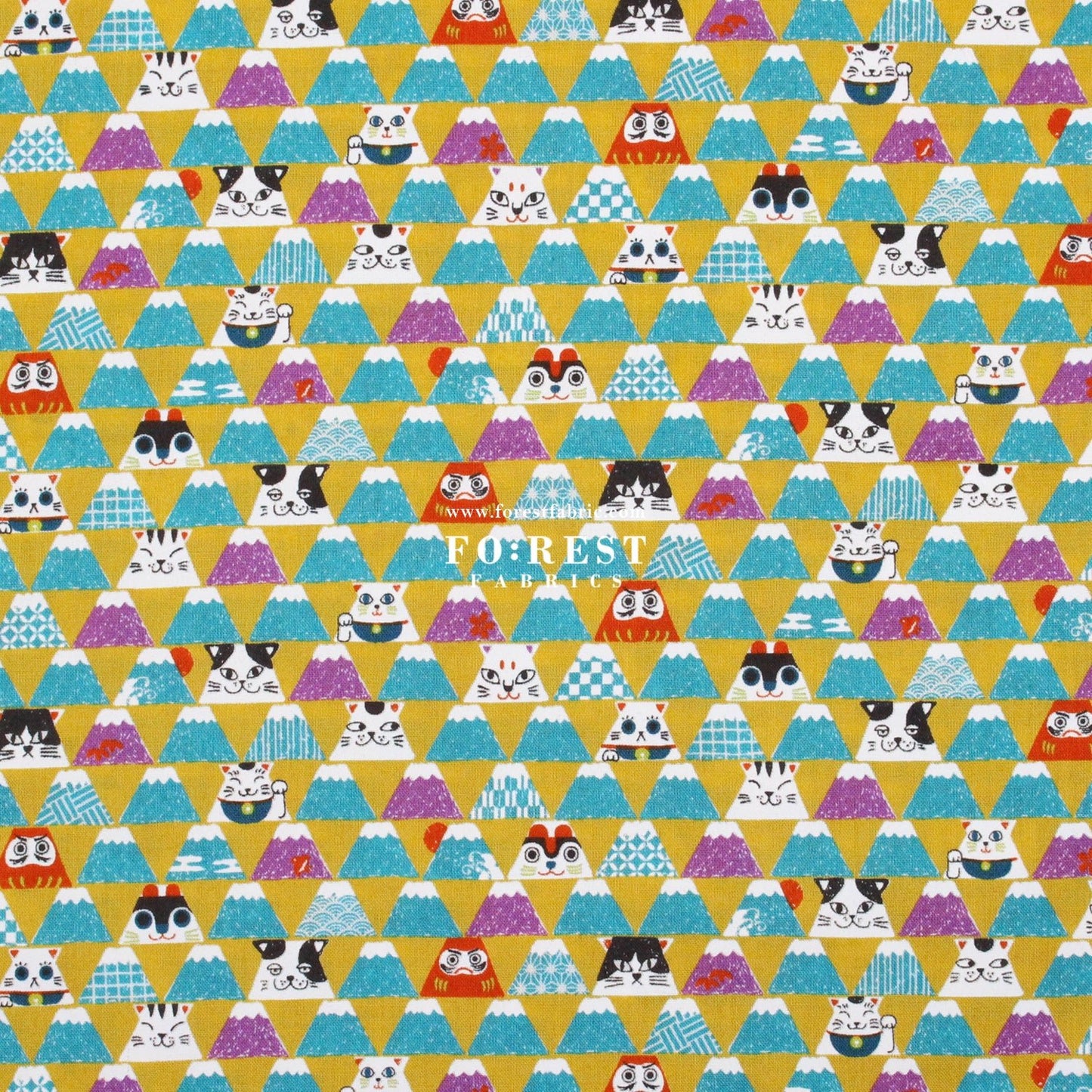 cotton - Lucky cat Mount FUJI fabric Mustard - FO:REST Fabric 布恩堂Liberty fabrictana lawnjapanese fabricykk zipper