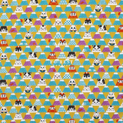 cotton - Lucky cat Mount FUJI fabric Mustard - FO:REST Fabric 布恩堂Liberty fabrictana lawnjapanese fabricykk zipper