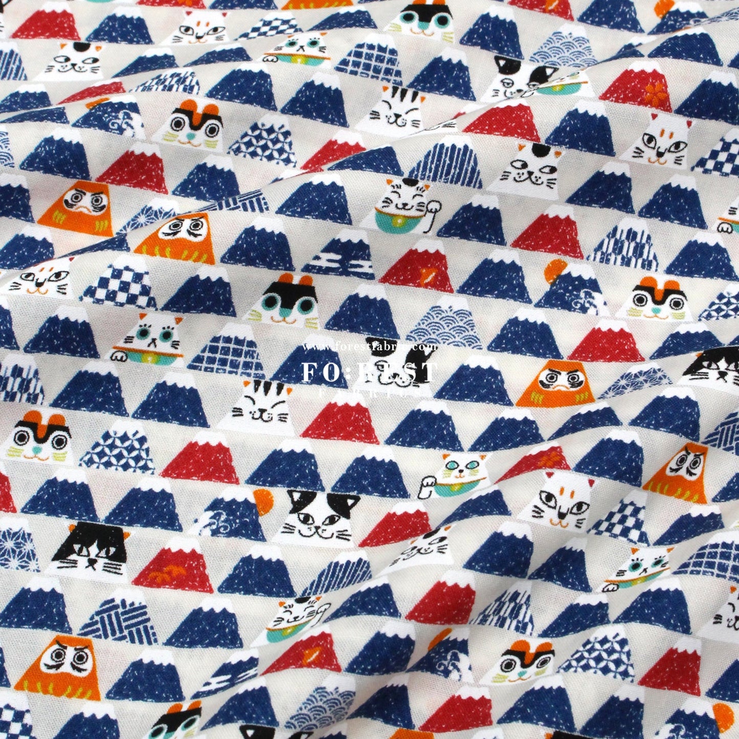 cotton - Lucky cat Mount FUJI fabric Natural - FO:REST Fabric 布恩堂Liberty fabrictana lawnjapanese fabricykk zipper