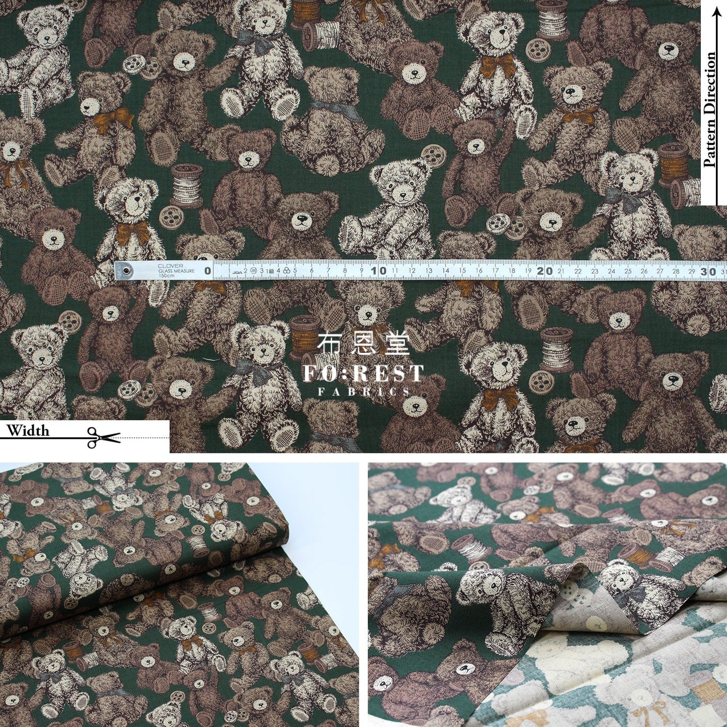 cotton - Make a Teddy Bear fabric Dark Green - FO:REST Fabric 布恩堂Liberty fabrictana lawnjapanese fabricykk zipper