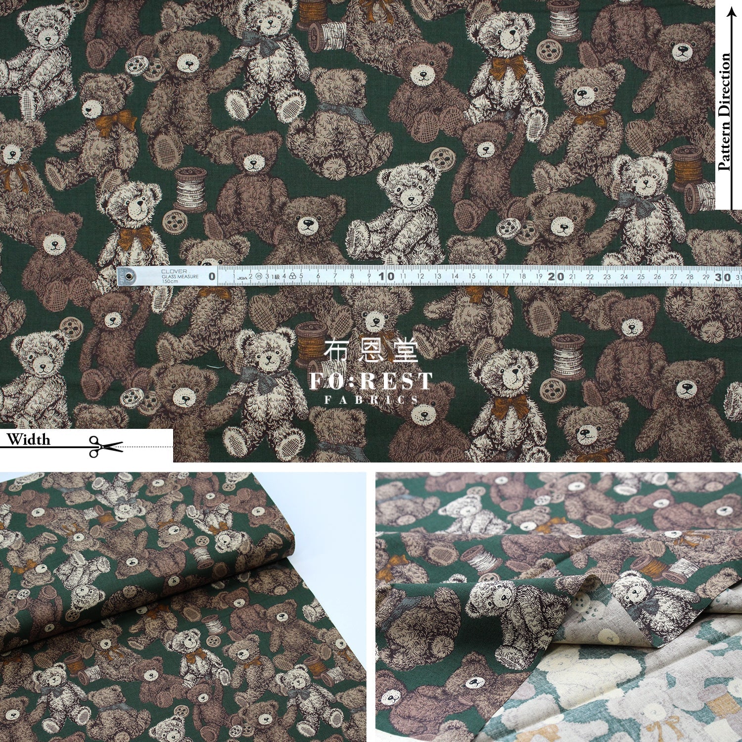 cotton - Make a Teddy Bear fabric Dark Green - FO:REST Fabric 布恩堂Liberty fabrictana lawnjapanese fabricykk zipper