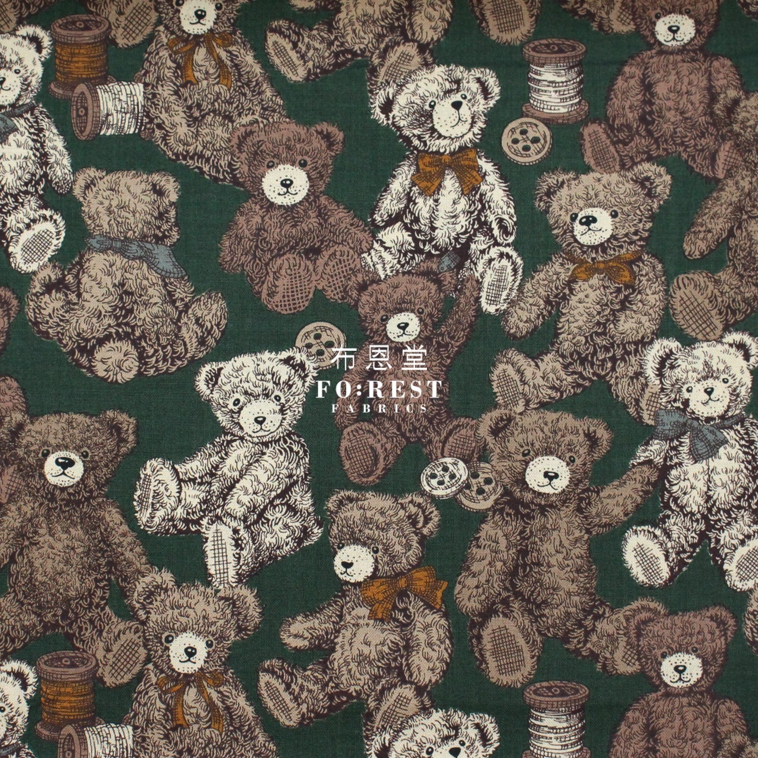 cotton - Make a Teddy Bear fabric Dark Green - FO:REST Fabric 布恩堂Liberty fabrictana lawnjapanese fabricykk zipper