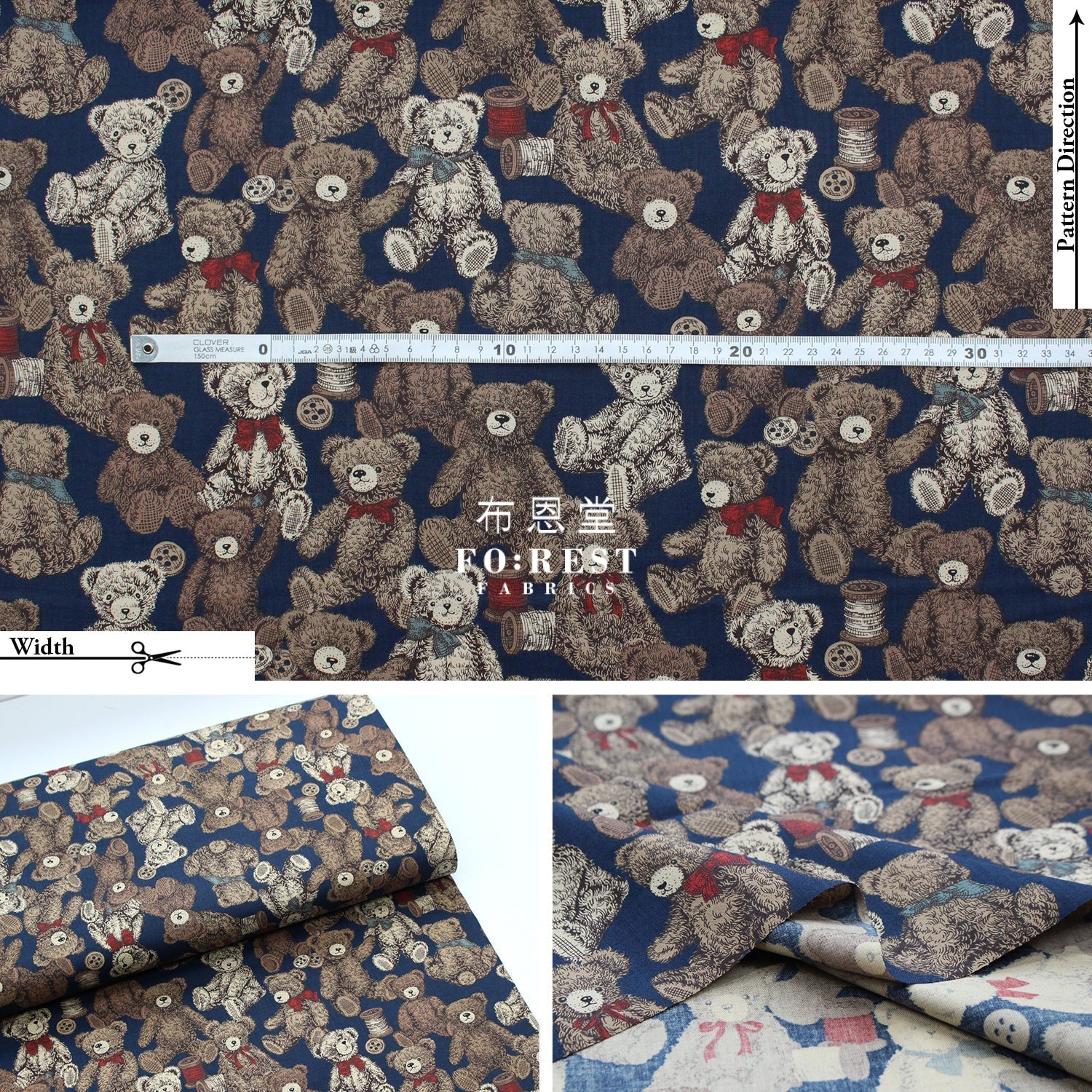 cotton - Make a Teddy Bear fabric Navy - FO:REST Fabric 布恩堂Liberty fabrictana lawnjapanese fabricykk zipper