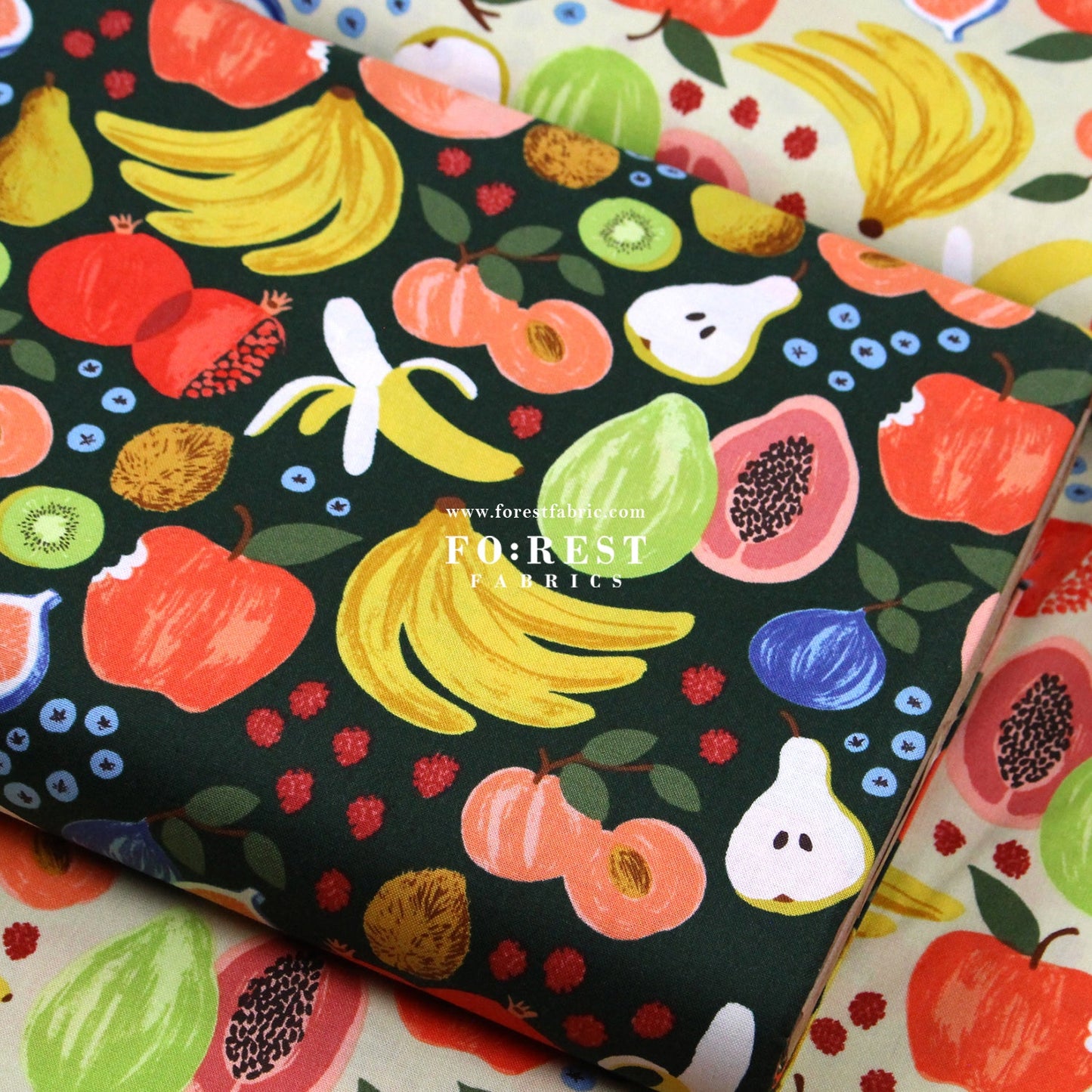 cotton - orchard Fruit Stand - Dark Green fabric - FO:REST Fabric 布恩堂Liberty fabrictana lawnjapanese fabricykk zipper