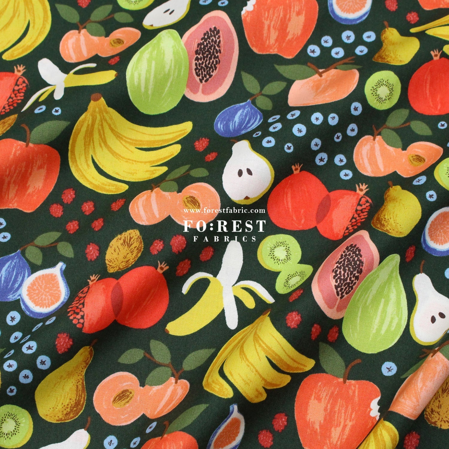 cotton - orchard Fruit Stand - Dark Green fabric - FO:REST Fabric 布恩堂Liberty fabrictana lawnjapanese fabricykk zipper