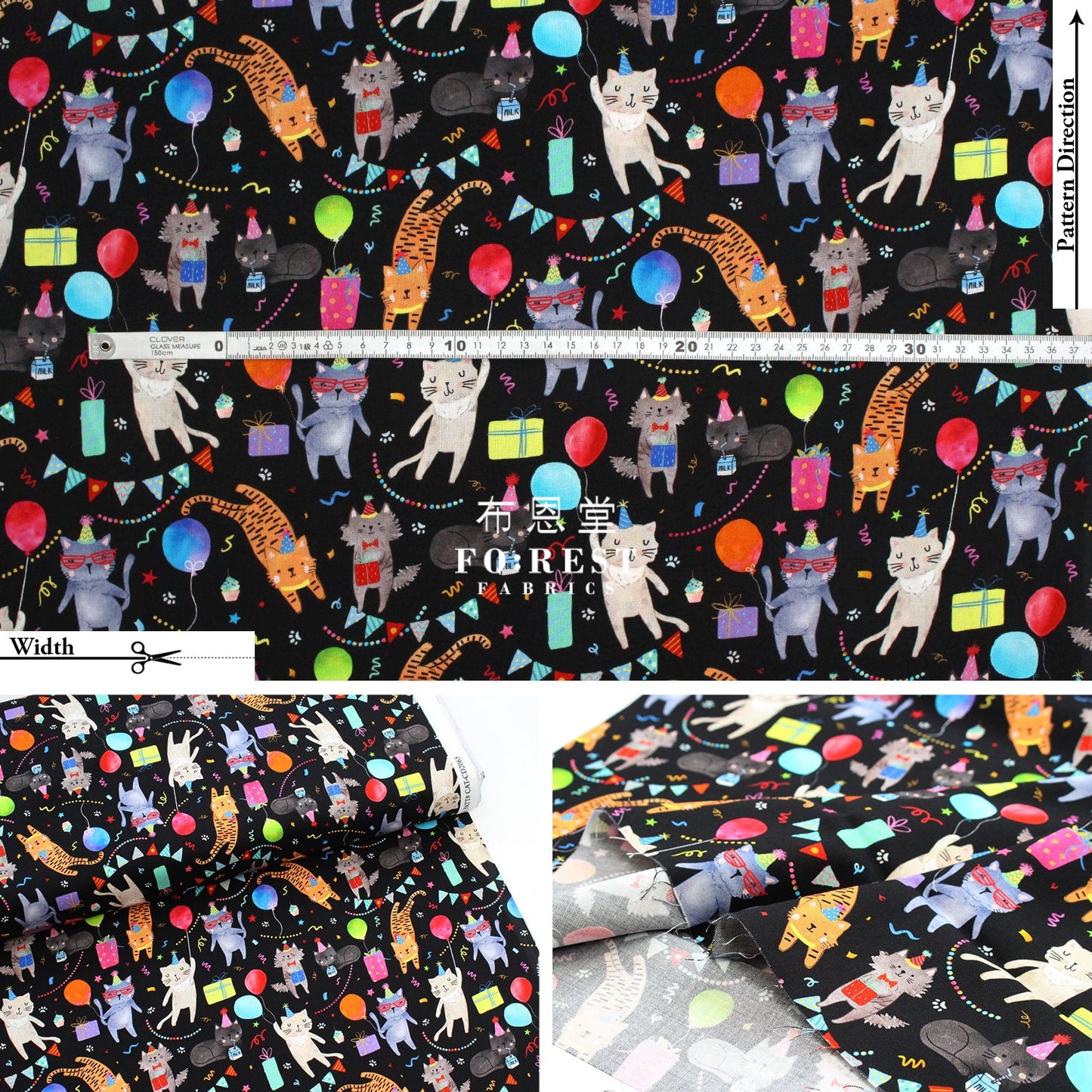Cotton - Party Animal Cats Fabric Black