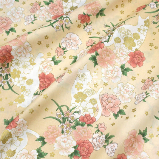Cotton - Peony And Cat Fabric Cream