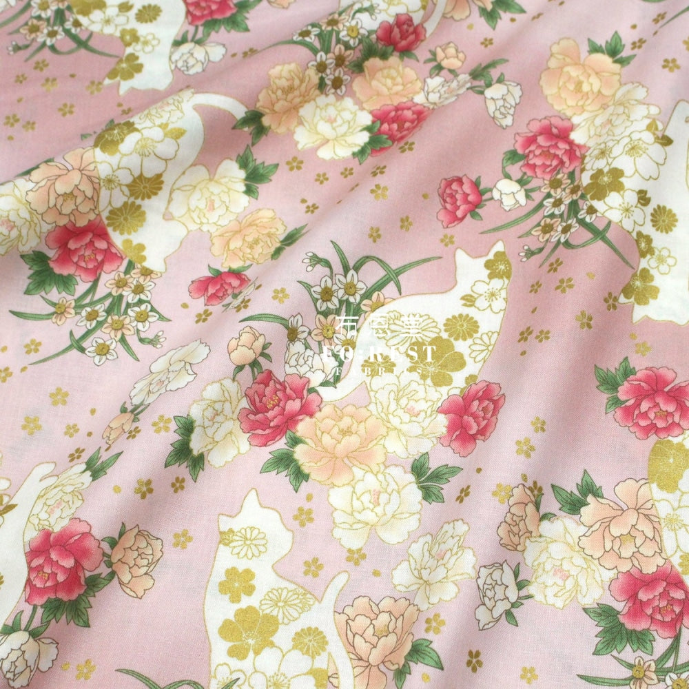 Cotton - Peony And Cat Fabric Pink