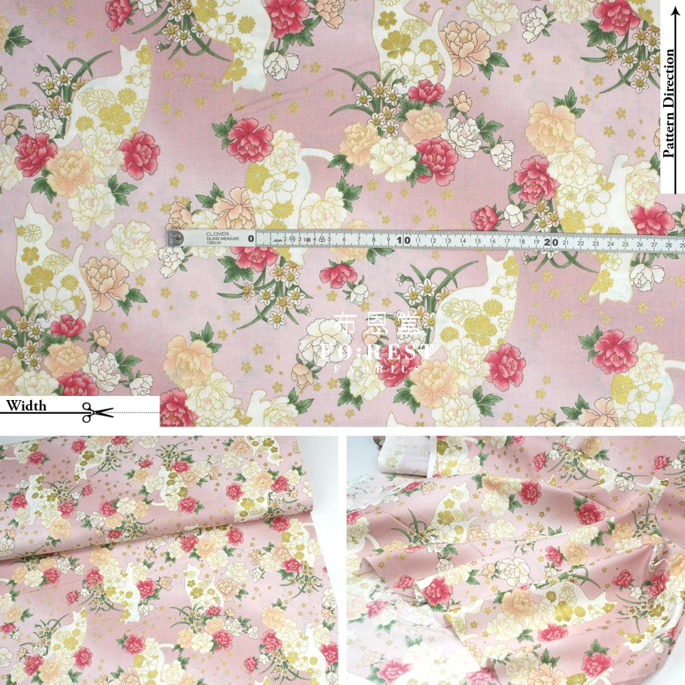Cotton - Peony And Cat Fabric Pink