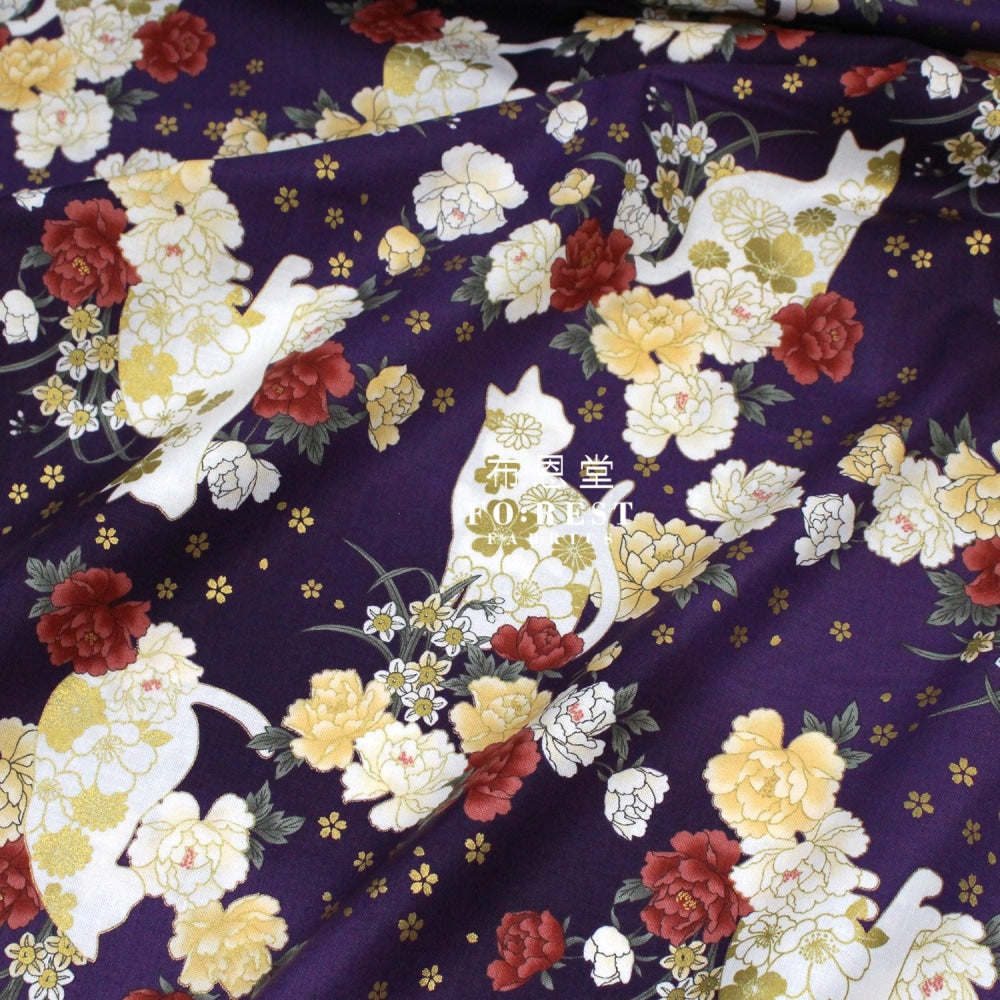 Cotton - Peony And Cat Fabric Purple