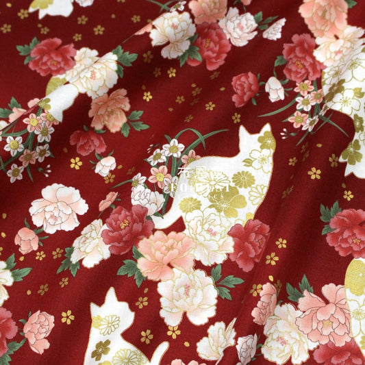 Cotton - Peony And Cat Fabric Red